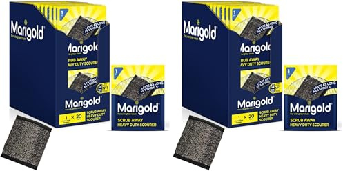 Marigold Scrub Away Stainless Steel Scourers - 20 Single Packs of Scouring Pads - Heavy Duty Non Scratch Metal Scourer - Easy to Clean - Tackles Tough and Burnt on Food (Pack of 2)