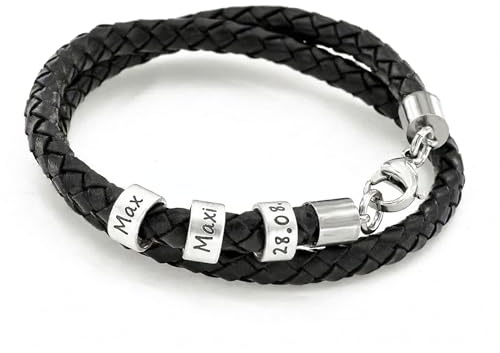 Personalisiertes Herren-Lederarmband mit Wunschgravur – Doppelt gewickeltes Echtleder in Schwarz, Braun oder Grau – Maßgefertigtes Armband mit Edelstahl-Beads & Namen – Handgefertigt in Deutschland