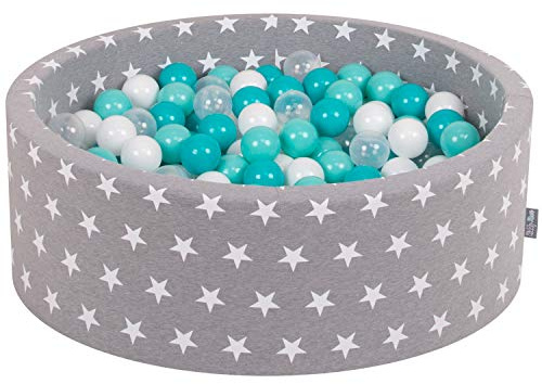 KiddyMoon 90X30cm/200 Palline ∅ 7CM Piscina Di Palline Colorate Per Bambini Tondo Fabbricato In EU, Grigio Stelle: Turchese Ch/Bianco/Trasp./Turchese