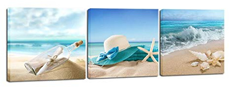 Wieco Art 3 Paneele Seestern Muschel Flasche Strand Bilder auf Leinwand, Wandkunst, moderne Meereslandschaft, gespannt und gerahmt, Leinwanddrucke, Meerblick, Landschaft, Kunstwerk für Schlafzimmer,
