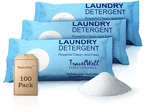 Travel Well Laundry Detergent Powder Packets - TSA-Approved Hotel & Bulk Laundry Detergent Pack - Individually Packaged Paraben-Free Stain Remover Packets - Pack of 100, 1.5 Oz
