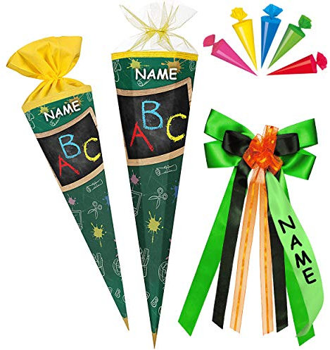 alles-meine.de GmbH Set Schultüte + 5 kleine Zuckertüten - Schultafel/Tafel - Buchstaben ABC - 22-50 cm - Größe wählbar - rund - incl. Name und individueller großer SCHLEIF..