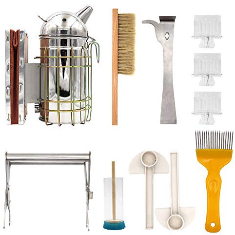 MUALROUS 11-teiliges Imker-Werkzeug-Set Bienenraucher Bienenbürste Königinfänger J-Haken Bienenstock-Werkzeug-Set Imkerei-Starter-Set Imkerei-Ausrüstung Werkzeug für professionelle Anfänger-Imker