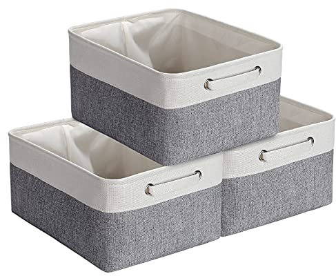 Yieseang Foldable Fabric Storage Box with Sturdy Handles, Large Canvas Storage Basket for Clothes,Toys, Cupboards, Shelves, Wardrobe, Closet, Home&Office (Light Grey & White, 3 Pcs)