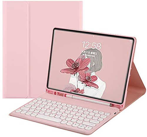 Disonbeir Keyboard Case for iPad Mini 7 A17 Pro 2024, iPad Mini 7th/6th Generation Cute Round Key Wireless Removable BT Color Keyboard Cover with Pencil Holder,LightPink