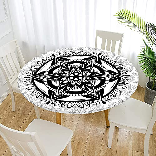 FANSU Round Tablecloth Waterproof Wipe Clean, Circular Tablecloths Fitted Elastic Edged, Stain Resistant Polyester Table Cover for Dinning Room Kitchen Picnic (Black and White,200cm)
