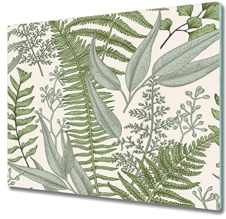 Coloray Planche À Découper Tapis de Découpe 60x52 cm Protection Plaque Verre Trempé Induction Cuisson - Composition des fougères verte et beige