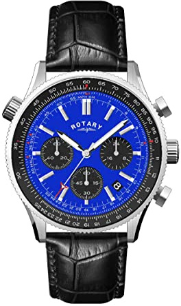 Rotary Mens Chronograph Watch, Analogue Display with Blue Dial and Black Leather Strap GS00165/05