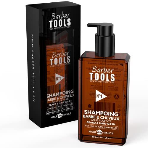 Shampoing à barbe et cheveux SANS SULFATE - 300ml à base Huile d'argan et Huile de Jojoba | Pour l'entretien et le soin de barbe - FABRIQUE EN FRANCE ✮ BARBER TOOLS ✮ (300 ml)