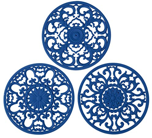 Extra Thick Silicone Trivet Mat for Hot Dishes, Hot Pots and Pans, Pot Holder, Hot Pad to Portect Your Table and Countertop, Kitchen Decor and Accessories,Navy Blue, Set of 3