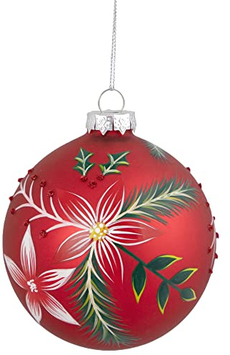 Northlight Poinsettia and Holly Glass Christmas Ball Ornament, 4, Red