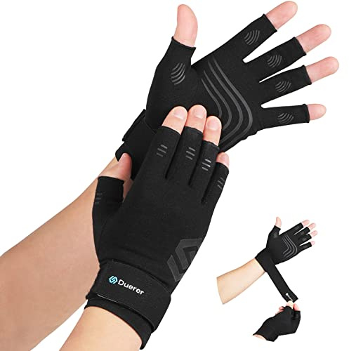 Duerer Guantes compresión para artritis con correas, mujeres hombres para RSI túnel carpiano, reumatoide, tendinitis, dolor mano. Guantes sin dedos para escribir computadora trabajo diario(Negro, M)