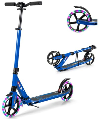 GYMAX Foldable Kick Scooter, Height Adjustable City Scooter with Light Up Wheels, Shock-Absorbing System, Non-Slip Deck & Rear Brake, Lightweight Scooters for Kids Adults and Teens (Blue)