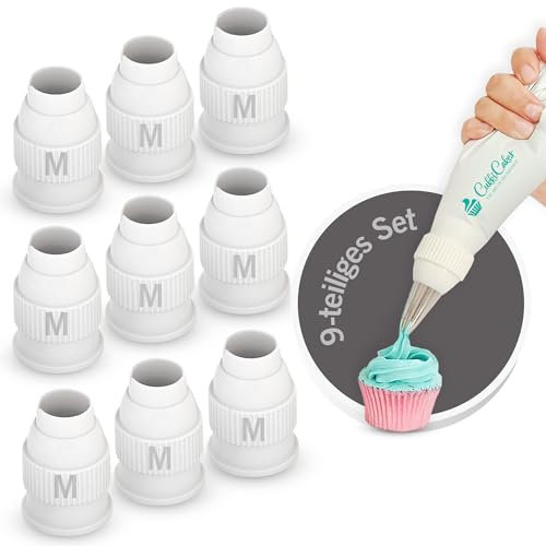 CukkiCakes 9 tlg Adapter-Set für Spritzbeutel Mit Tüllen, Spritztüllen Set, Spritzbeutel Einweg groß und Klein, Tüllen, Krapfenspritze, für Cupcakes, Tortendeko Blumen, Krapfen, Berliner.