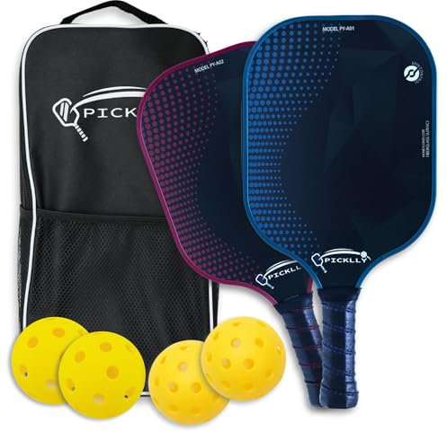 Picklly Juego de 2 palas de pickleball – Protector de bordes y núcleo de panal – 4 bolas de pickleball para interiores y exteriores – Superficie de fibra de vidrio para raquetas de pickleball – Agarre