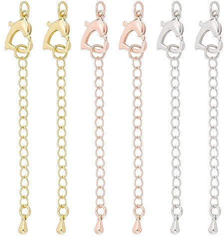 nbeads 6 Stück 3 Farben Verlängerungsketten, 6,6cm Lange Messing Halskette Verlängerungen Armband Fußkettchen Verlängerung Ketten mit Herz Hummer Verschluss und Teardrop Enden für Schmuck Machen