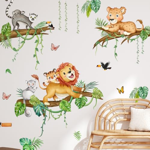 Runtoo Wandtattoo Waldtiere Dschungel Wandsticker Safari Baby Löwe Ast Wandaufkleber Kinderzimmer Babyzimmer Mädchen Junge Wanddeko