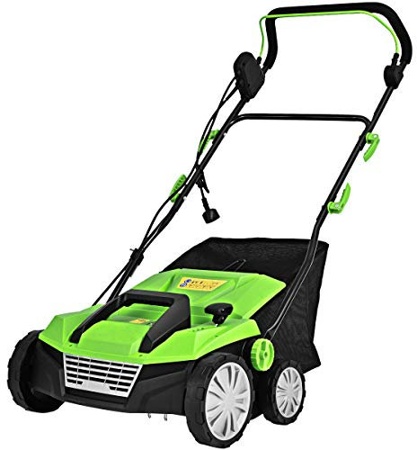 GYMAX Scarificatore Elettrico, Design 2 in 1, 45L Sacchetto per la Raccolta dell'Erba, Altezza Regolabile, Maniglia Pieghevole (Verde)