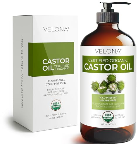 velona USDA Certified Organic Castor Oil – 16 fl oz in Glass Bottle | Cold-Pressed, Hexane-Free, USP Grade | Promotes Hair Growth, Eyelash & Eyebrow Enhancement | Bottled in USA