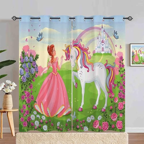 ANHOPE Prinzessin Einhorn Schloss Gardinen Blickdichte Thermo Vorhänge mit Ösen Kinder Mädchen Vorhang Blackout Curtain Wohnzimmer Schlafzimmer Verdunklungsvorhänge 2er Set H 245 x B 200 cm