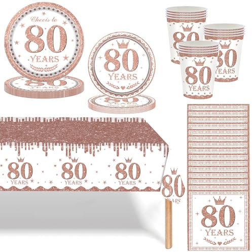 Rose Gold 80th Birthday Party Tableware Set - 69pcs Dinnerware With Plates, Cups, Napkins, Tablecloth for 80 Years Old Lady - Party Supplies and Table Décor