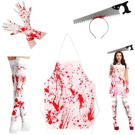 EliphonTowne 4PCS Bloody Nurse Costume Set - Nurse Scary Halloween Costume Women, Nurses Outfit Fancy Dress, Bloody Plastic Saw Headband Prop Gloves Stockings, Halloween Nurse Accessories for Adult Women