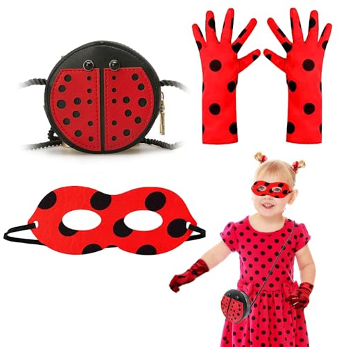 FUIPVGI 3 Stück Ladybug Kostüm Zubehör Set Marienkäfer Kostüm Damen Mädchen mit Ladybug Maske, Marienkäfer Handschuhe, Ladybug Tasche, Ladybug Kostüm Kinder, für Halloween Karneval Rollenspiel (Rot)