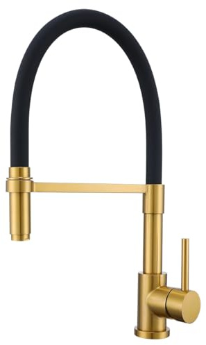 GULICA Kitchen Tap, Solid Brass Body, 360 Swivel Silicon Hose, Brushed Gold and Black Kitchen Mixer Tap