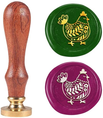 DELORIGIN Sceau de Cire Artistique en Forme de Poule Tête en Laiton Amovible de 25mm avec Manche en Bois Tampon de Cire à Cacheter pour Cartes D'Invitation de Thanksgiving Festival Artistique Cadeau
