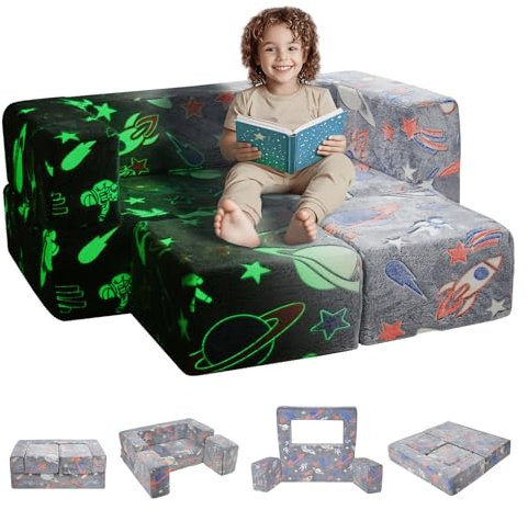 VEVOR Divano Modulare per Bambini, 4 Pezzi, Si Illuminano al Buio, Divano Convertibile Componibile con Fodera Rimovibile Cuscino in Schiuma, Fai da Te Mobili Sala Giochi per Bambini Leggere Grigio
