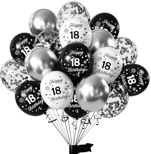 Yiran 18. Geburtstag Dekoration für Männer, 30,5 cm, Schwarz und Silber, 16 Stück Latex-Konfetti-Ballon-Set für Teenager, Damen, Jubiläen, Feiern