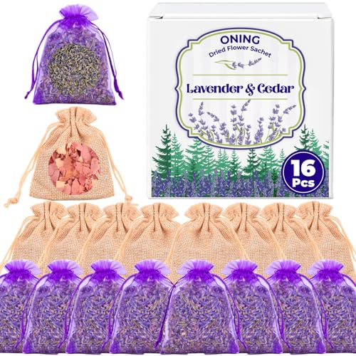 16 Pack Lavender Sachet Bags & Cedar Chips Set - 100% Natural Premium Dried Lavenders Flowers, Cedar Home Fragrance Sachets, Lavenders Sachets for Drawers, Closets, Storage