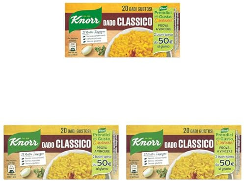 Knorr Dado Classico, Basso Contenuto di Grassi, Senza Glutine, Lattosio, Coloranti e Conservanti, Perfetto per Fondo Bruno e Tortellini in Brodo, 20 Dadi Gustosi (Confezione da 3)