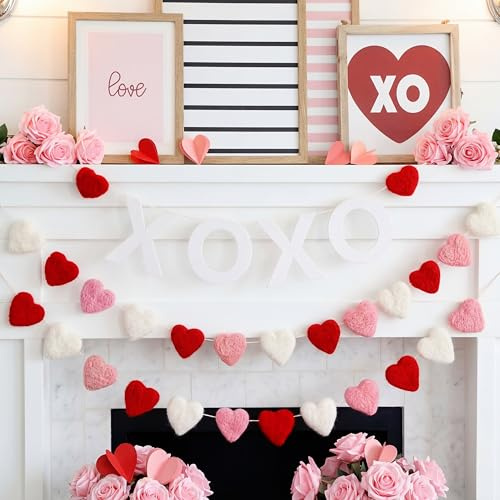 Hahafelt 3 Pcs Valentine's Day Garland for Mantle Heart Shaped Felt Ball Garland Ornament Red Pink White Pompom Strings Banner for Hanging Ornament Anniversary Wedding Memorial Party Decors