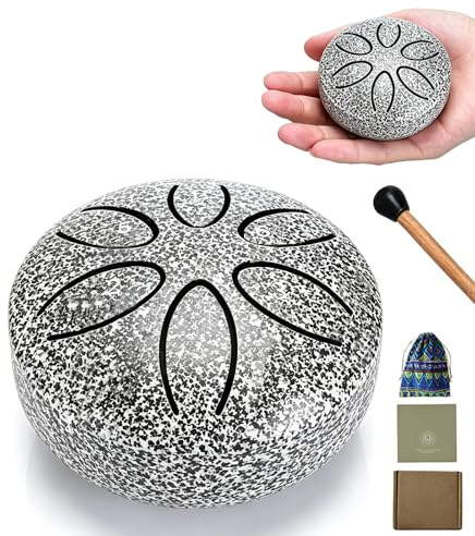 Norhogo 1pcs 6 Note steel tongue drum with Drumstick, Music Book, 3 Inch | handpan, rain drum, mini steel drum for Musical Education Concert Mind Healing Yoga Meditation Gift for Beginner Adult, grey
