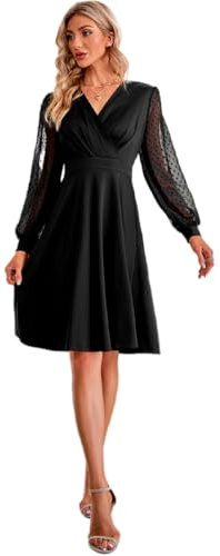 Hanaoops Women Long Sleeve Dress V Neck Waist Swing Dresses Dot Solid Mesh sleeves Ladies Cocktail Evening Party Midi Dress High Waist Retro Sexy Knee Length A Line Short Dresses