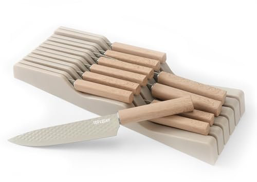 Justup Messerblock mit Messerset, In-Schublade Messerset, 12-TLG Edelstahl Profi Küchenmesser Set mit Antihaftbeschichtung, Scharfe Kochmesser Set mit 6 Steakmesser (Khaki)