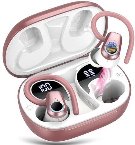 Wireless Earbuds, 2025 Bluetooth 5.4 Headphones Sport with 4 ENC Noise Canceling Mic, 50H Stereo Wireless Earphones with Earhooks, LED USB-C, IP7 Waterproof Bluetooth Earbuds for Gym Running, Rose