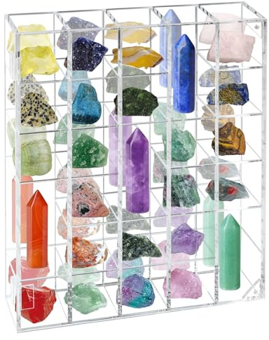 Acrylic Rock Display Case, Adjustable Rock Display Cabinet with Mirrored Back, Wall Mounted Stones Storage Box Showcase, Clear Display Case for Collectibles, Fossil, Shells, Mineral Crystal