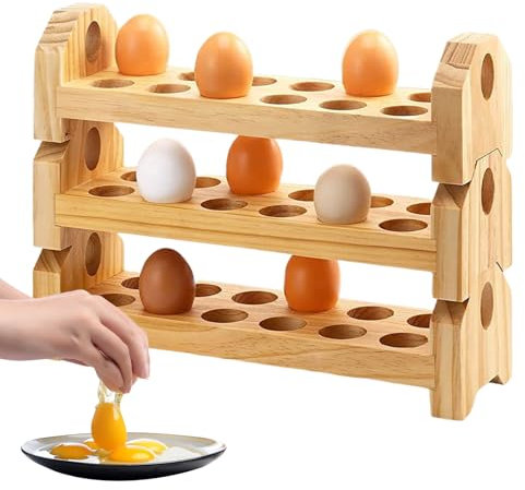 Huevera, estantería de mostrador de 3 estantes para almacenamiento de huevos – Gran organizador apilable de madera para cocina, casa, restaurante