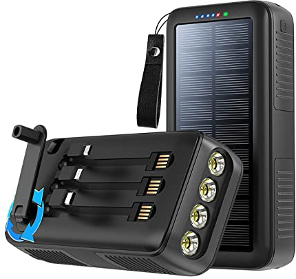 Banque d’Alimentation Compact Solaire Intégré en Câble À Main Chargeur Batterie Étanche Mergency LED Lampe de Poche Multifonctionnelle Batterie Externe 2PCS, Noir, 20000mAh