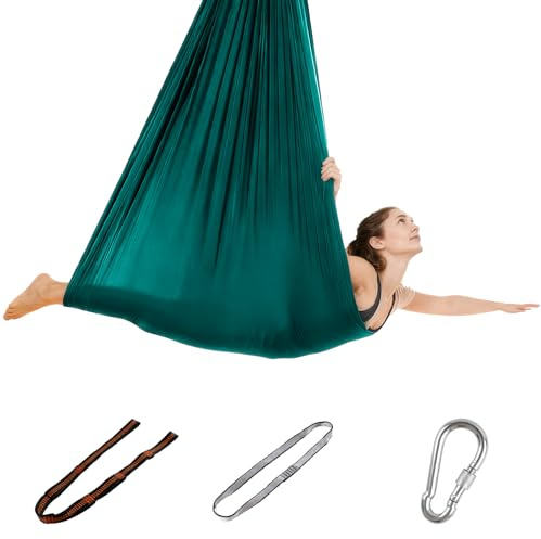 Aerial Yoga Hängematte Set, elastischer Polyesterstoff, inkl. Haupttuch + Verlängerungsgurt + Karabiner, 200 kg Belastbarkeit, kindersicher & rutschfest, mit PE-Reißverschlusstasch