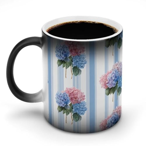 Jubonexis Blue and Pink Hydrangeas Color Changing Mugs Heat Changing Ceramic Coffee Mug Novelty Funny Tea Water Cup 11OZ