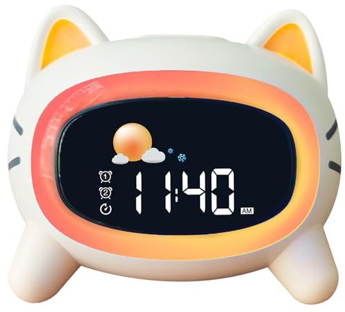 Avalynese Réveil Enfant éducatif Jour/Nuit avec 2 Réveils Alarmes - Mode Weed-End - Veilleuse - Son de Sommeil - Rechargeable avec Secteur pour Enfant Fille Garçon
