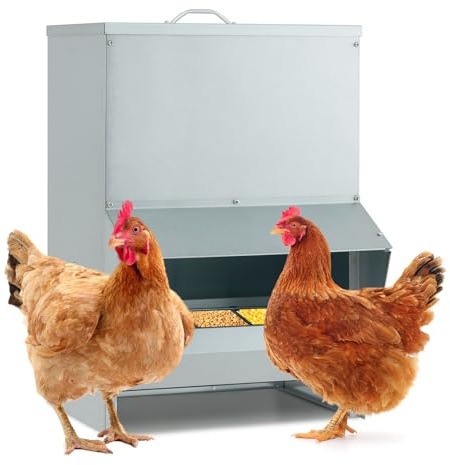 COSTWAY Futterautomat Hühner, 22 kg, Hühnerfutter Automat aus verzinktem Metall, Hühner Futterspender mit Deckel & Griff, Hängend, Futtertrog rattensicher, für Geflügel Enten, Silber