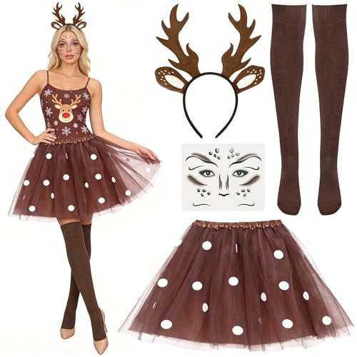 Wareet Karneval REH Kostüm Damen,4 Stück Erwachsenenbekleidung mit Tüllrock Socken Réh Geweih Haarreif REH Face Tattoo,Damen REH kostüm für Fasching Karneval Mottoparty Weihnachten