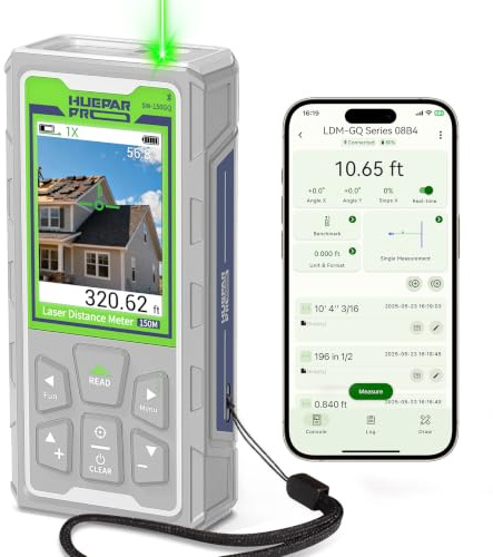 Huepar Pro Télémètre Laser d'Extérieur avec Caméra Numérique Bluetooth, Technologie P2P, Mesure de Surface/Volume/Pythagore/Angle/Niveau à Bulle Électronique, Charge de Type C