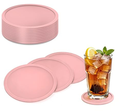 HELIMIAO Untersetzer Gläser Silikon,rutschfest Glasuntersetzer mit Hohem Rand für Auslaufschutz,Hitzebeständig Tassenuntersetzer für Couchtisch,Esstisch&Bar,10Stück Rosa