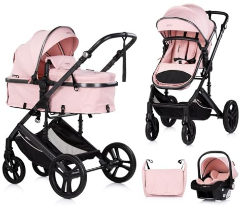 Chipolino Kinderwagen 3 in 1 Amore Babyschale Adapter Wickeltasche Fußabdeckung rosa pink