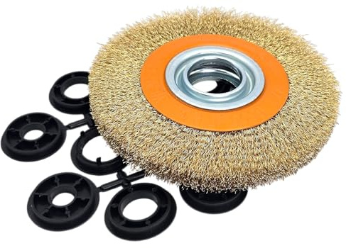 HERO Rundbürste 150mm – Stahldraht vermessingt / Bohrung 32 mm Reduzierungen 13 / 16 / 19 / 22 / 25,4 mm – Drahtbürste / Reinigung & Polieren - Scheibenbürste gewellt für Schleifmaschine / Schleifbock